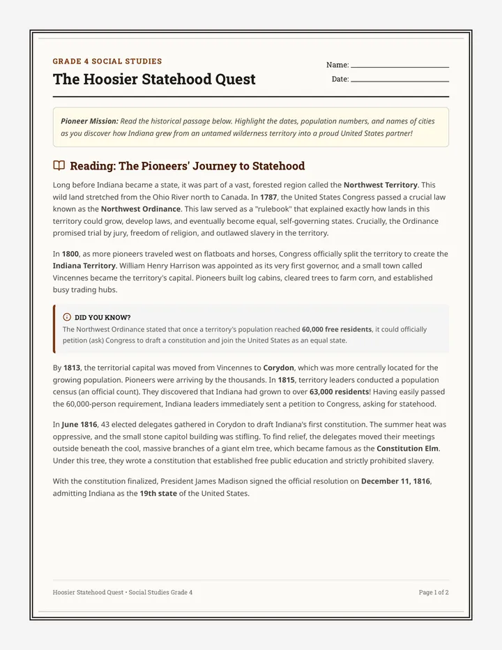 Statehood Quest Worksheet