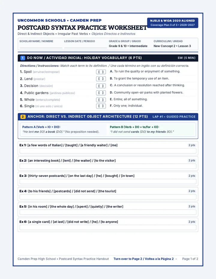 Postcard Syntax Practice Worksheet
