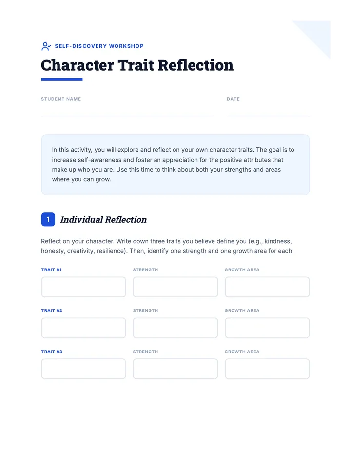 Character Trait Reflection Activity