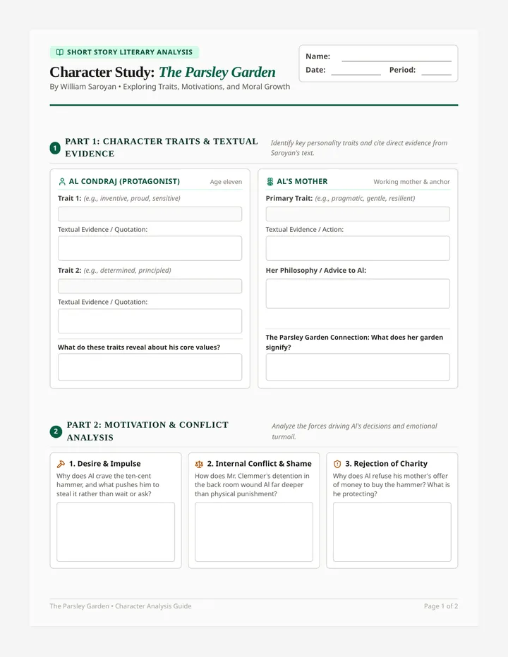 Parsley Garden Character Study Worksheet