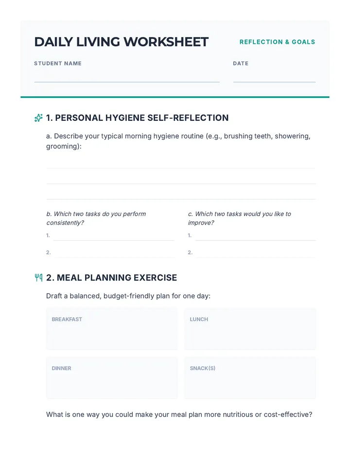 Daily Living Skills Worksheet Activity