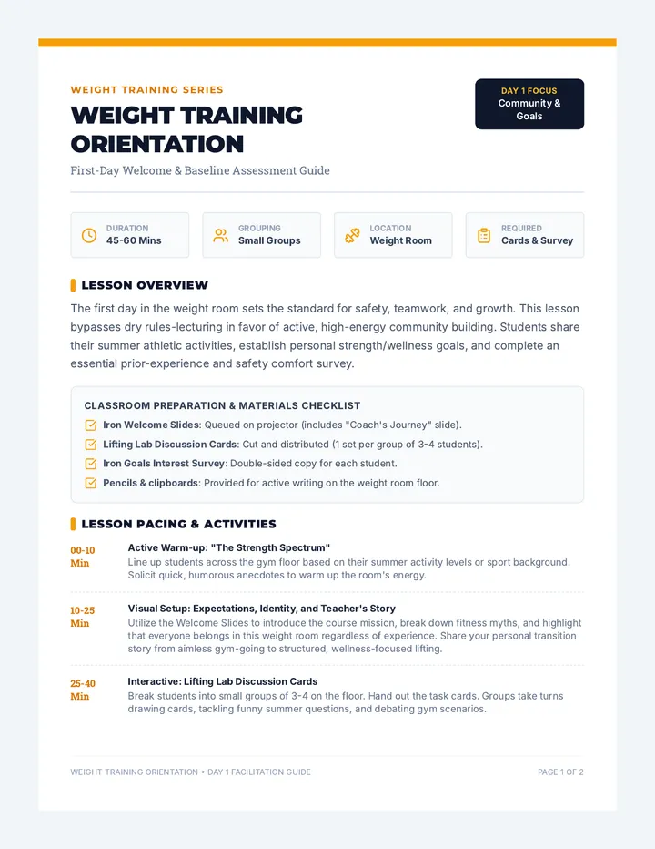 Weight Training Orientation Teacher Guide