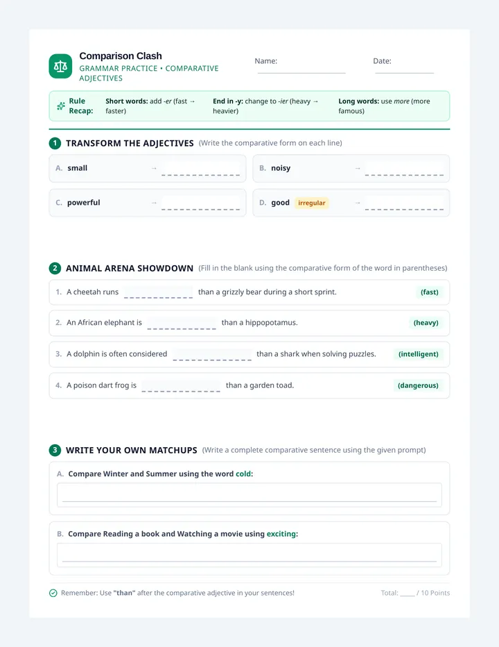 Comparison Clash Worksheet
