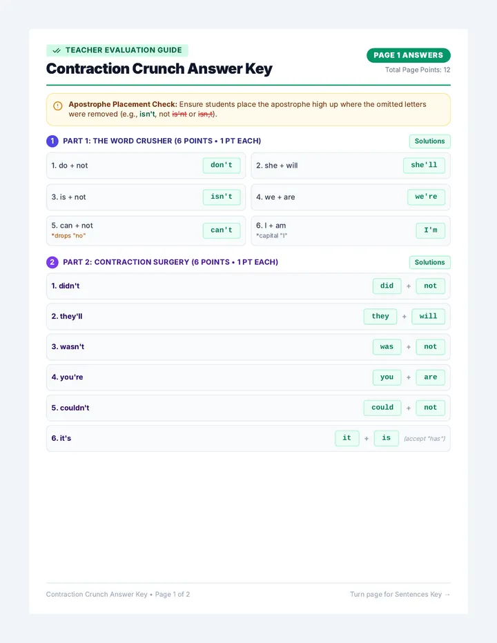 Contraction Crunch Answer Key