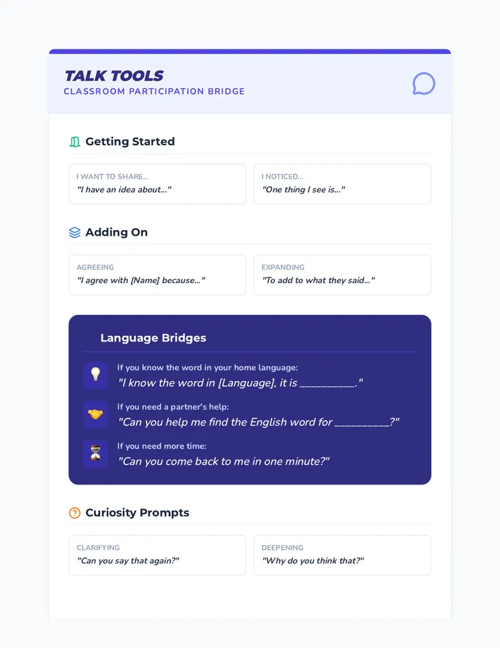 Talk Tools Reference Sheet
