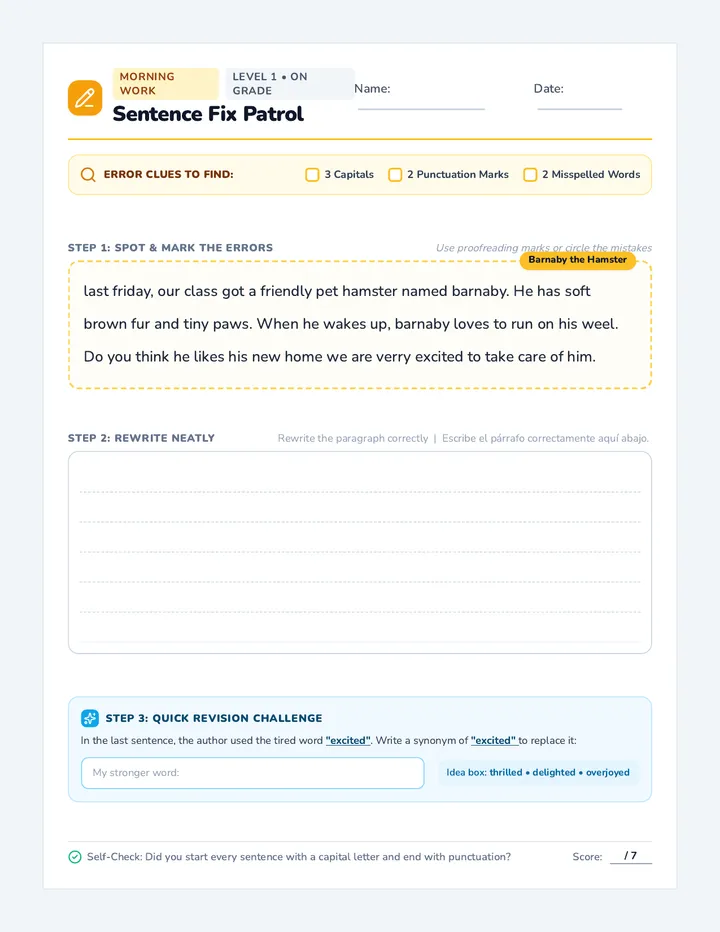 Sentence Fix On-Grade Worksheet