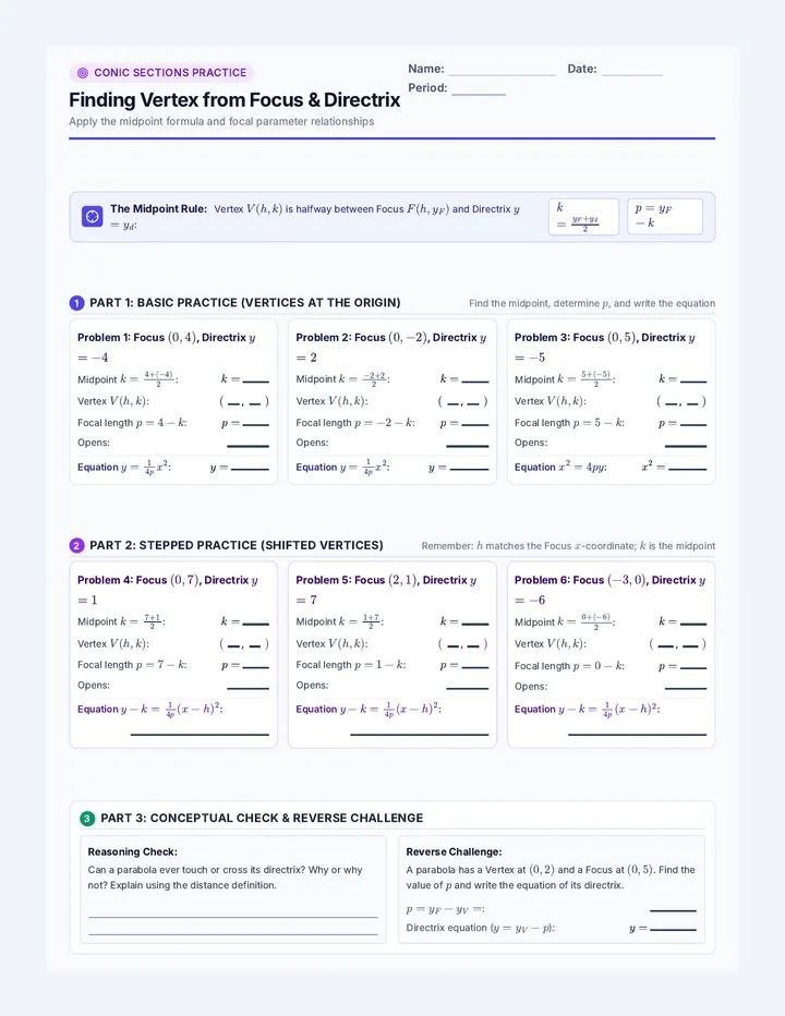 Parabola Vertex Practice Worksheet