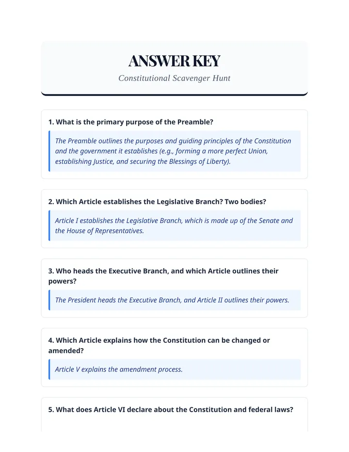 Constitutional Scavenger Hunt Answer Key