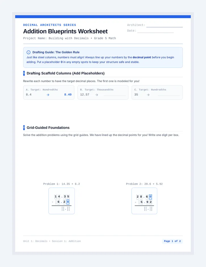 Addition Blueprints Worksheet
