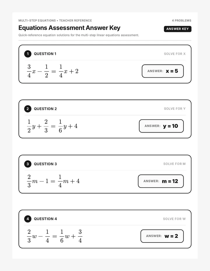 Equations Assessment Answer Key