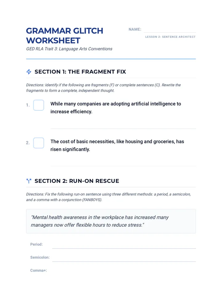 Grammar Glitch Worksheet