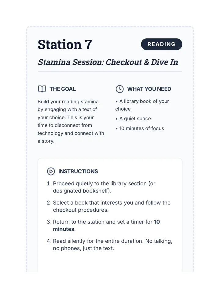 Reading Stamina Task Card