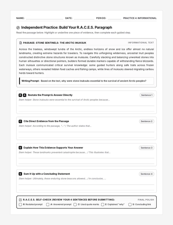 Arctic Inuksuk RACES Worksheet