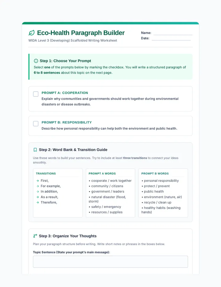 Eco Health Paragraph Worksheet page 1