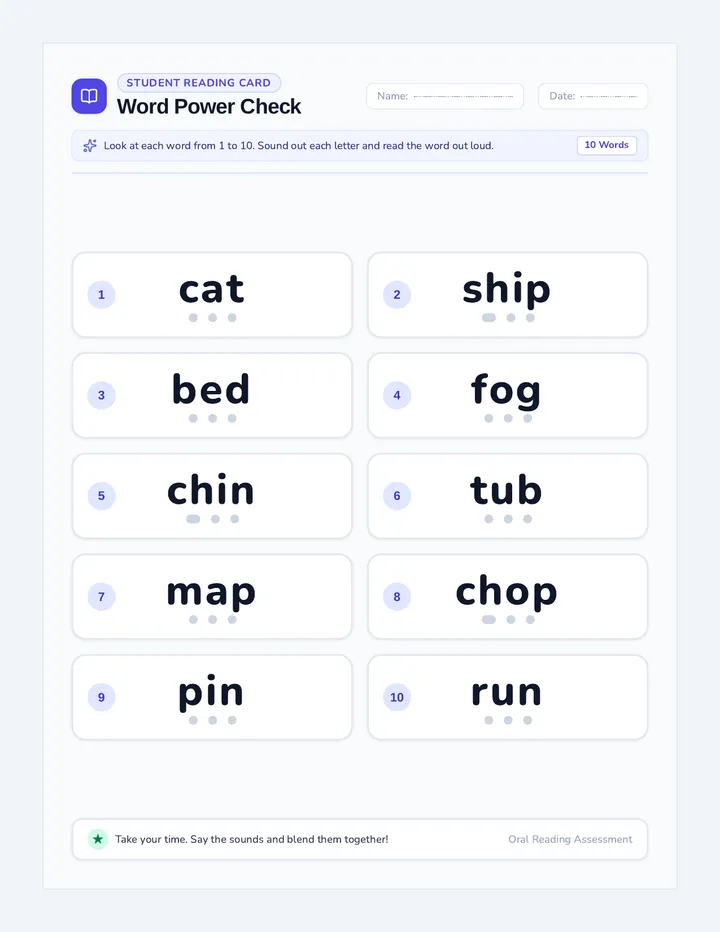 Word Power Reading Sheet