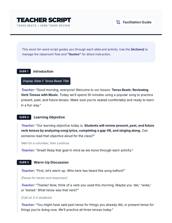 Tense Beats Teacher Script Script