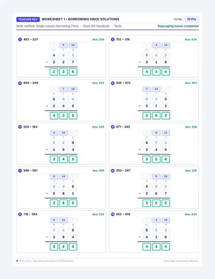 Subtraction Regrouping Answer Key