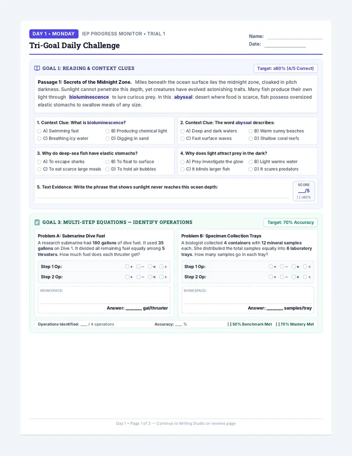 Goal Mastery Five Day Worksheet