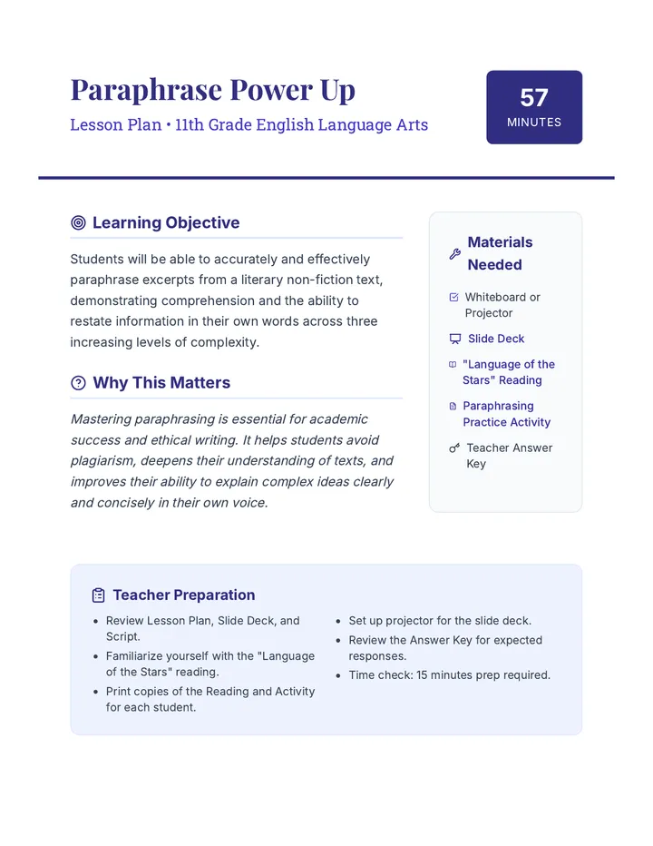 Paraphrase Power Up Lesson Plan