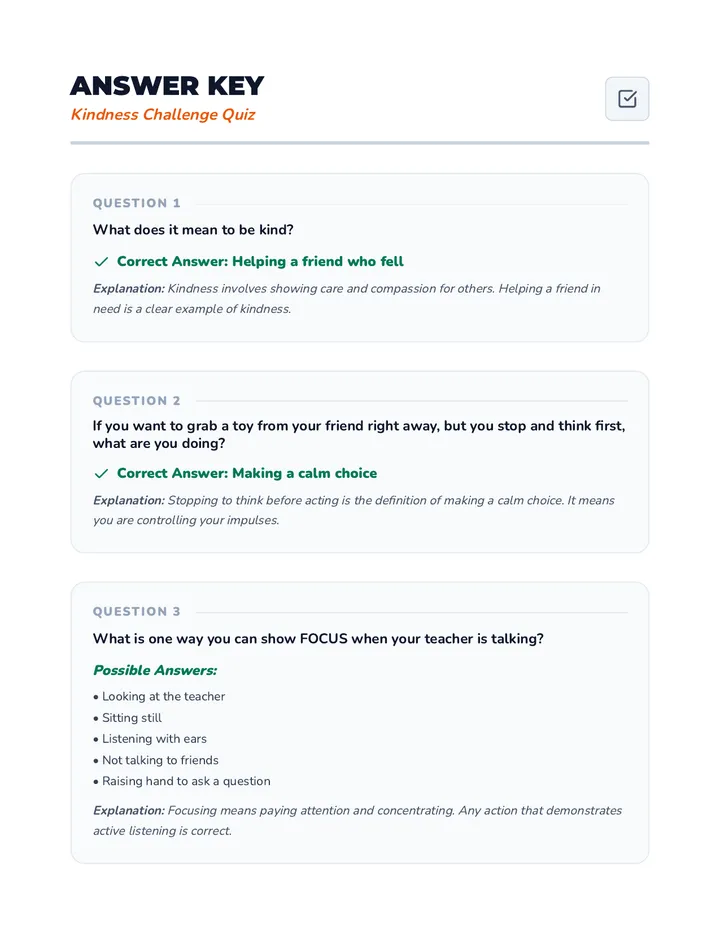 Kindness Challenge Answer Key