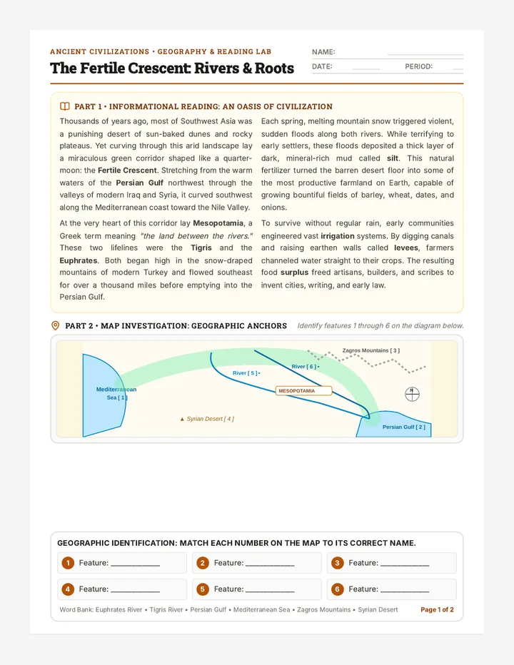 River Valleys Reading Worksheet