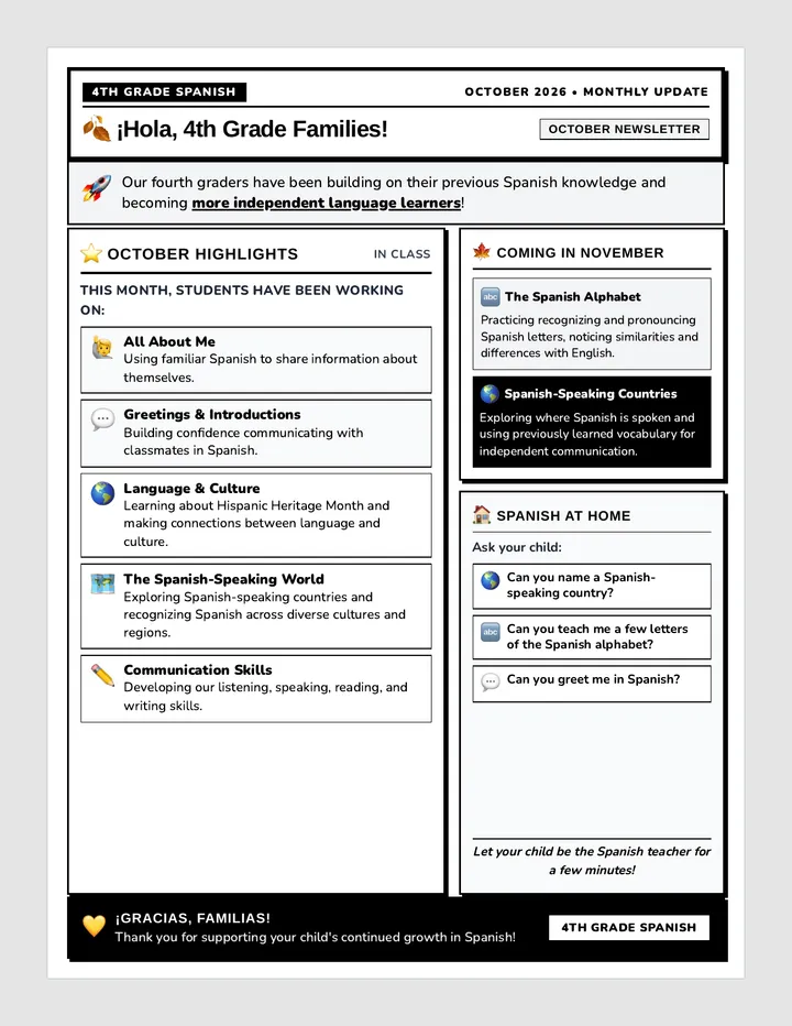 Fourth Grade Spanish October Newsletter