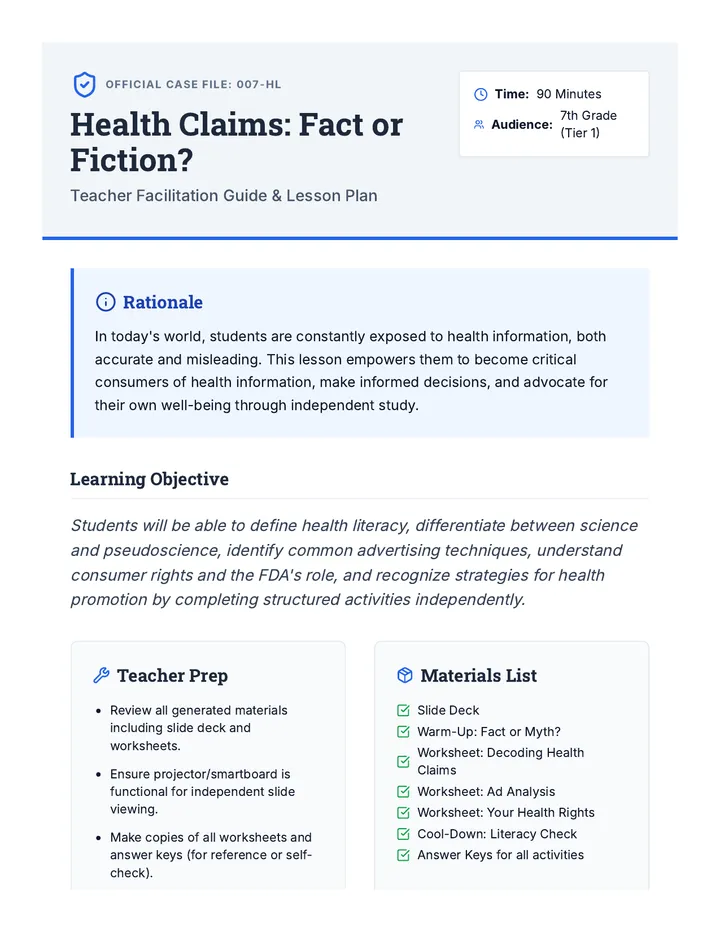 Health Claims Lesson Plan