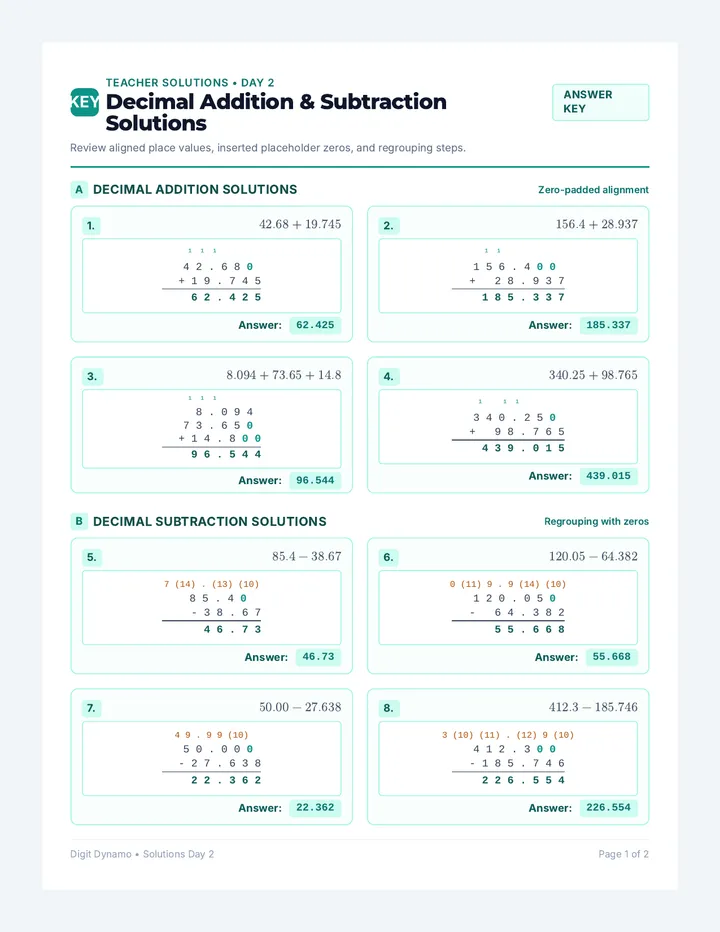 Decimal Operations Answer Key