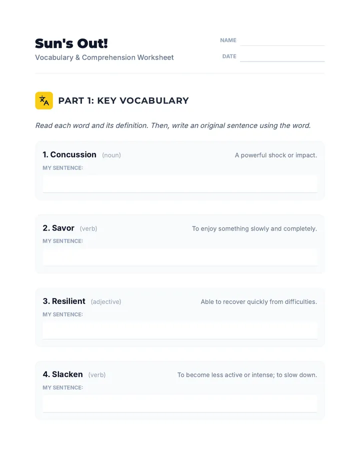 Vocabulary and Comprehension Worksheet