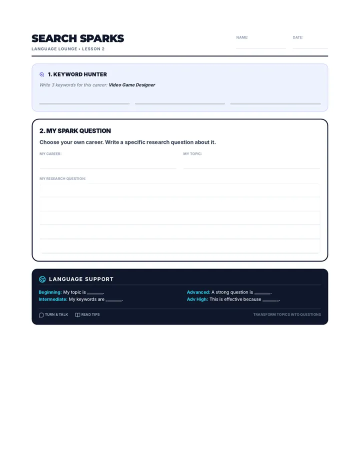 Search Sparks Worksheet