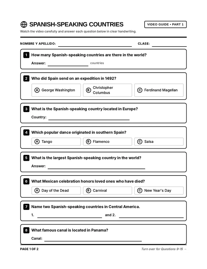 Spanish Speaking Countries Worksheet