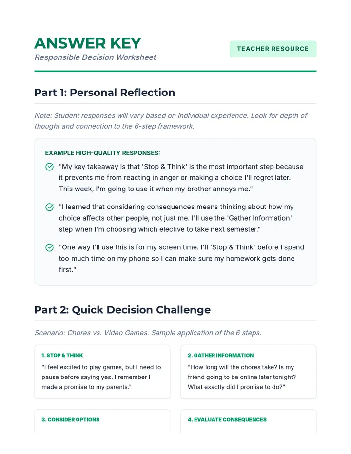 Responsible Decision Worksheet Answer Key Resource