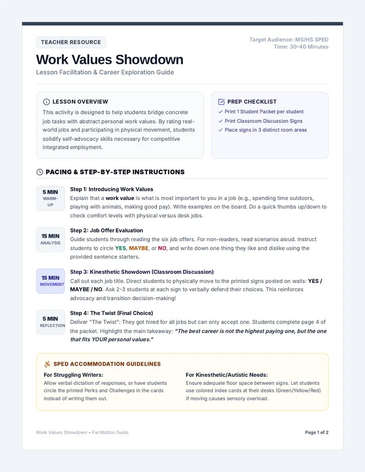 Job Showdown Teacher Guide