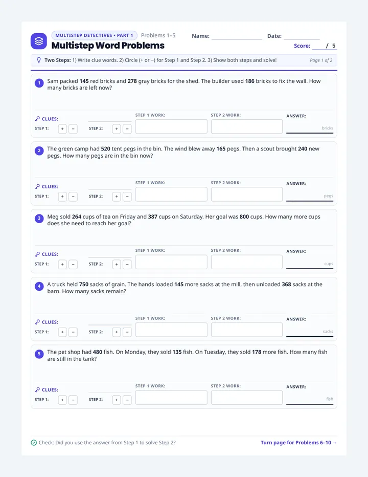 Multistep Word Problems Worksheet