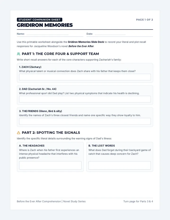 Gridiron Memories Worksheet