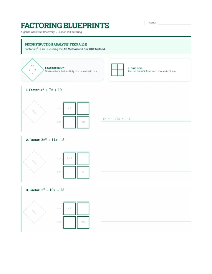 Factoring Blueprints Worksheet
