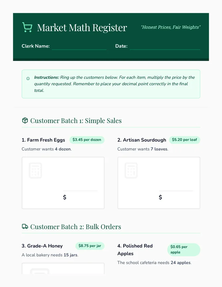 Market Math Register Worksheet