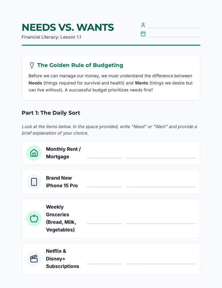 Needs vs Wants Worksheet