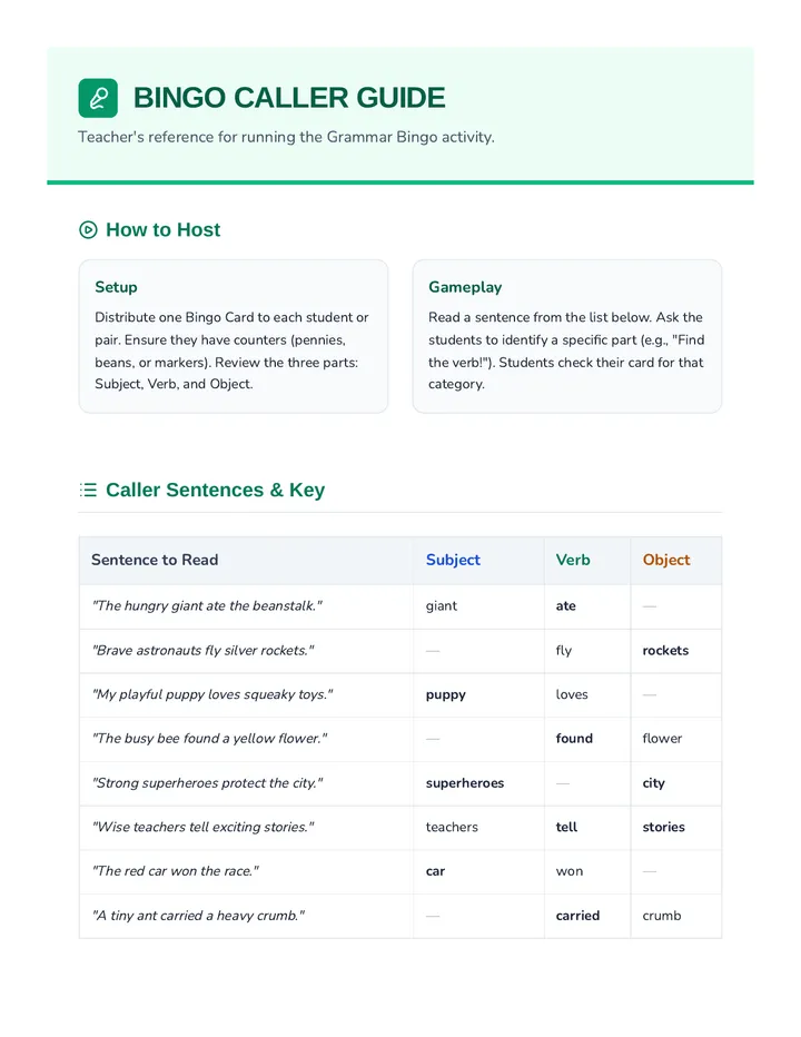 Grammar Bingo Game Guide