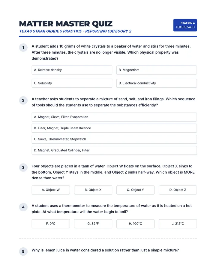 Matter Master STAAR Quiz