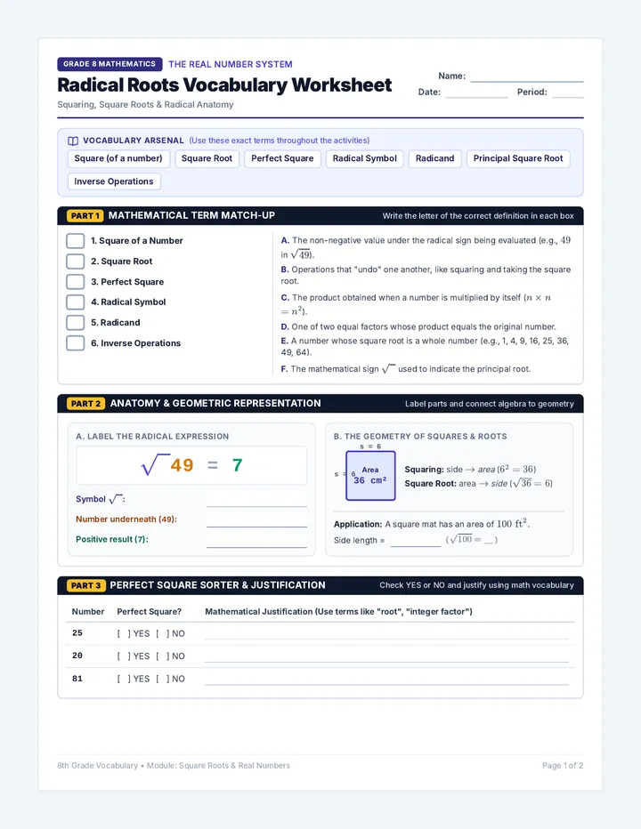 Square Roots Vocabulary Worksheet