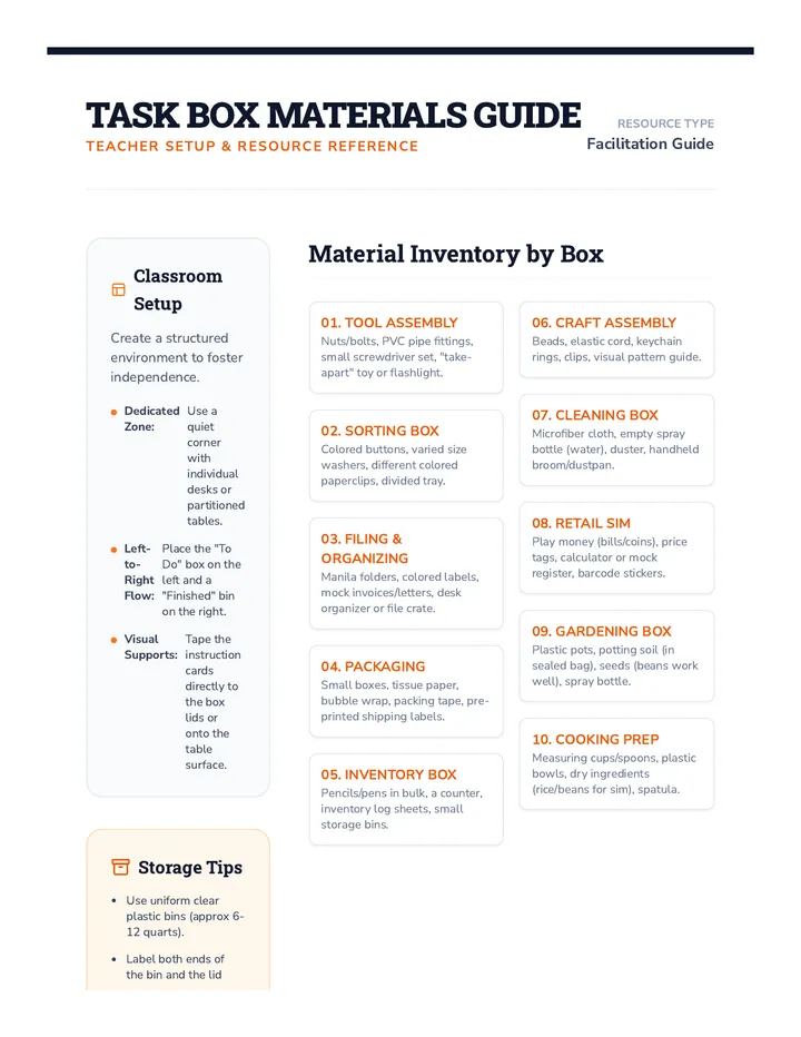 Vocational Task Box Materials Guide