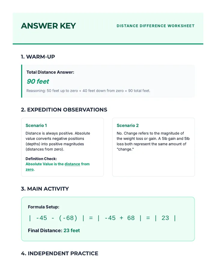 Distance Difference Answer Key