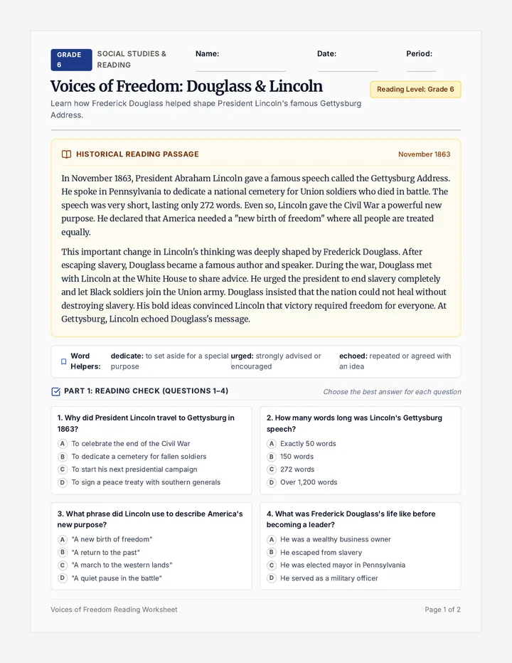 Gettysburg Voices Reading Worksheet