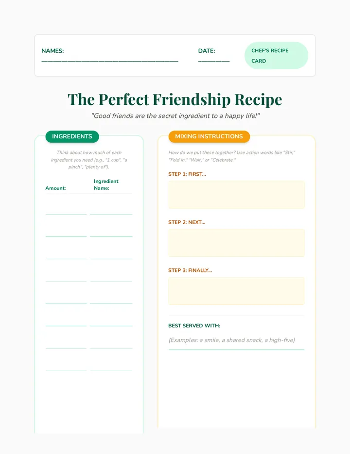 Friendship Recipe Worksheet