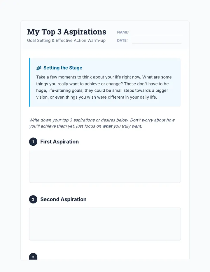 My Top 3 Aspirations Warmup Worksheet
