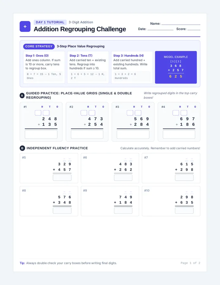 Addition Regrouping Worksheet