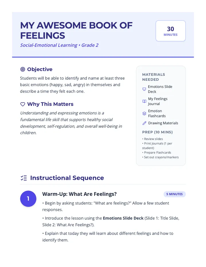 Feelings Lesson Plan Teacher Guide