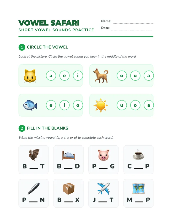 Vowel Safari Worksheet