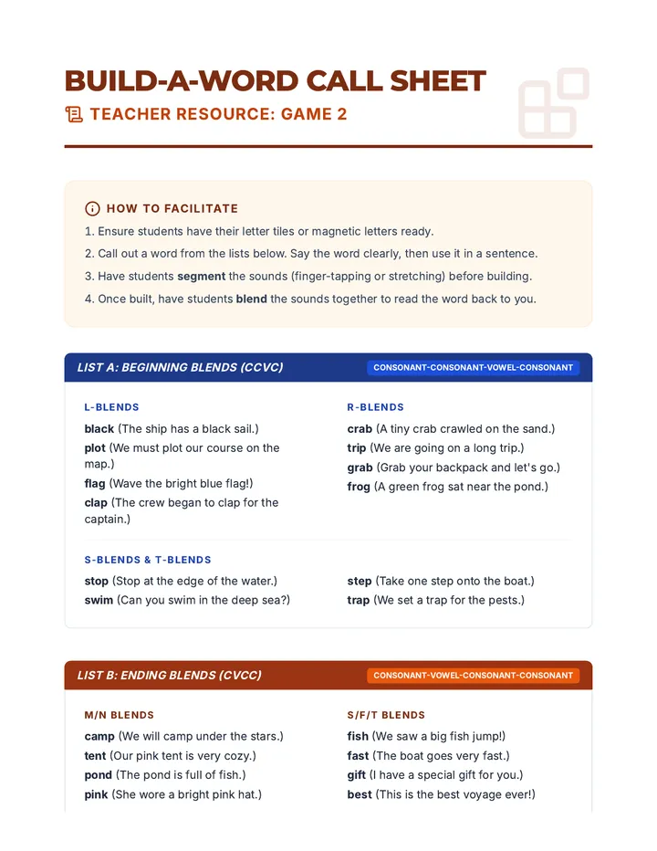 Build-a-Word Call Sheet Document